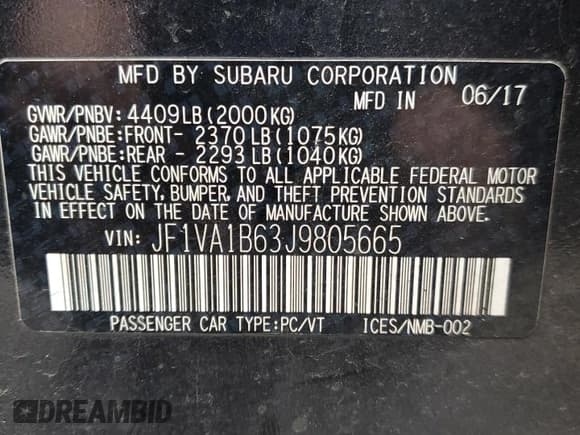 ✅ 2018 Subaru WRX Premium • VIN: JF1VA1B63J9805665 • Lot: 47117885. Listed on Copart with 85,319 mi. Free auction sales archive from the USA and detailed vehicle history report at DreamBid. Image 12.