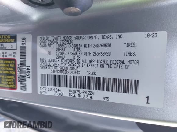 ✅ 2024 Toyota Tundra 1794 Edition • VIN: 5TFMA5DB2RX147643 • Lot: 43521144. Listed on IAAI with 30,327 mi. Free auction sales archive from the USA and detailed vehicle history report at DreamBid. Image 9.