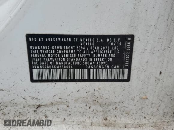 ✅ 2019 Volkswagen Jetta S • VIN: 3VWN57BU6KM268614 • Лот: 93006745. Опубликован ранее на Copart с пробегом 107 000 миль. Бесплатный доступ к архиву аукционных продаж из США и подробный отчёт об истории автомобиля на DreamBid. Изображение 12.