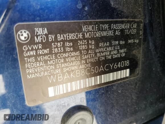 ✅ 2010 BMW 7 Series 750Li • VIN: WBAKB8C50ACY64018 • Lot: 67024805. Listed on Copart with 114,994 mi. Free auction sales archive from the USA and detailed vehicle history report at DreamBid. Image 12.