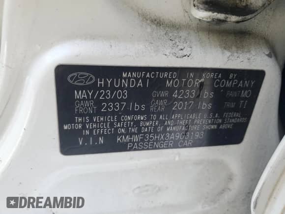 2003 Hyundai Sonata GLS с VIN KMHWF35HX3A903193, выставлен на аукционе Copart как лот 88100565 с пробегом 106 309 миль миль и Списание • Salvage title. История ставок и продаж доступна на DreamBid. Изображение 12.