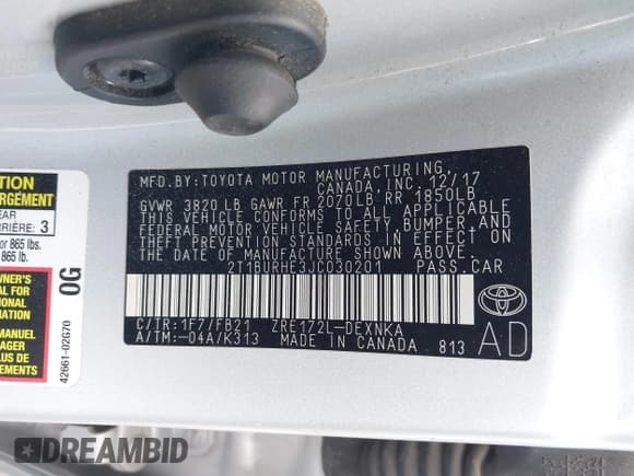 ✅ 2018 Toyota Corolla LE • VIN: 2T1BURHE3JC030201 • Lot: 43470481. Listed on IAAI with 102,535 mi. Free auction sales archive from the USA and detailed vehicle history report at DreamBid. Image 9.