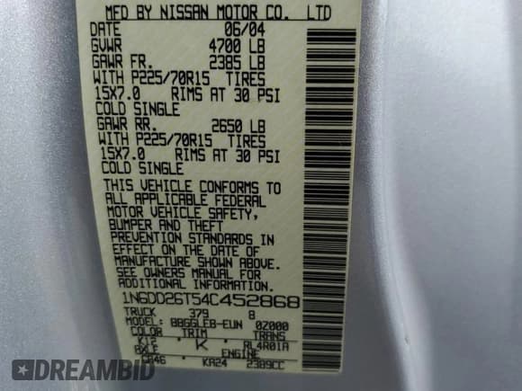 ✅ 2004 Nissan Frontier XE • VIN: 1N6DD26T54C452868 • Lot: 80456755. Listed on Copart with 168,617 mi. Free auction sales archive from the USA and detailed vehicle history report at DreamBid. Image 12.