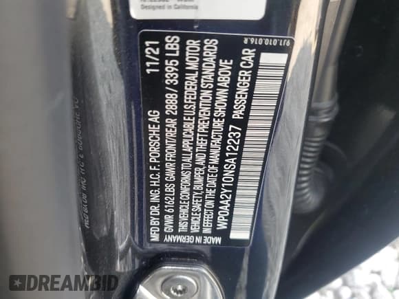 ✅ 2022 Porsche Taycan • VIN: WP0AA2Y10NSA12237 • Lot: 66389745. Listed on Copart with Not provided. Free auction sales archive from the USA and detailed vehicle history report at DreamBid. Image 12.