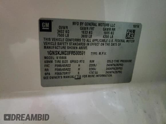 ✅ 2015 Chevrolet Suburban LT • VIN: 1GNSKJKC0FR500591 • Lot: 50038094. Wystawiony na Copart z przebiegiem Nie podano. Bezpłatny archiwum sprzedaży aukcyjnych z USA i szczegółowy raport historii pojazdu na DreamBid. Zdjęcie 14.