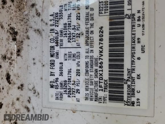 ✅ 1997 Ford F-150 XL • VIN: 1FTDX1867VKA78024 • Lot: 69704135. Listed on Copart with 339,014 mi. Free auction sales archive from the USA and detailed vehicle history report at DreamBid. Image 12.