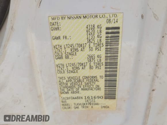 ✅ 2014 Nissan NV S • VIN: 5BZBF0AA8EN161690 • Lot: 43548083. Wystawiony na IAAI z przebiegiem 177 128 mil. Bezpłatny archiwum sprzedaży aukcyjnych z USA i szczegółowy raport historii pojazdu na DreamBid. Zdjęcie 9.