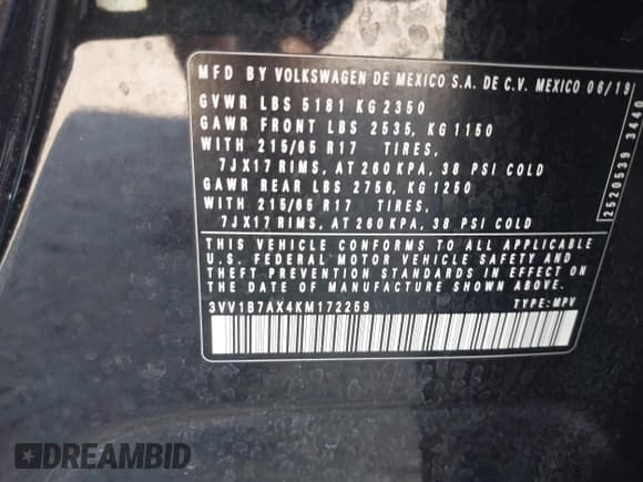 ✅ 2019 Volkswagen Tiguan S • VIN: 3VV1B7AX4KM172259 • Lot: 43448537. Listed on IAAI with 136,757 mi. Free auction sales archive from the USA and detailed vehicle history report at DreamBid. Image 9.