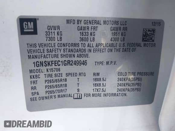 2016 Chevrolet Tahoe Commercial с VIN 1GNSKFEC1GR249946, выставлен на аукционе IAAI как лот 42610587 с пробегом Не указан миль и . История ставок и продаж доступна на DreamBid. Изображение 9.