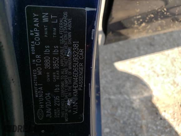 2005 Hyundai Elantra GLS с VIN KMHDN46D65U932381, выставлен на аукционе Copart как лот 67053794 с пробегом 156 868 миль миль и На запчасти • Non repairable. История ставок и продаж доступна на DreamBid. Изображение 12.