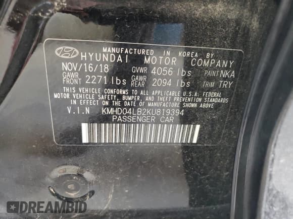 ✅ 2019 Hyundai Elantra Sport • VIN: KMHD04LB2KU819394 • Lot: 67483855. Listed on Copart with 55,936 mi. Free auction sales archive from the USA and detailed vehicle history report at DreamBid. Image 12.