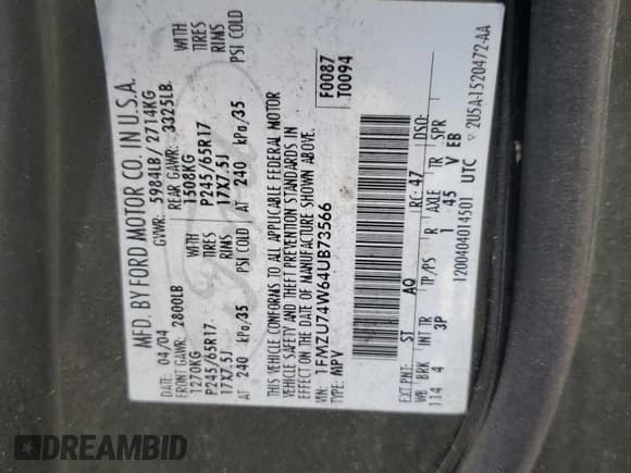 ✅ 2004 Ford Explorer Eddie Bauer • VIN: 1FMZU74W64UB73566 • Лот: 66825105. Опубликован ранее на Copart с пробегом 121 258 миль. Бесплатный доступ к архиву аукционных продаж из США и подробный отчёт об истории автомобиля на DreamBid. Изображение 13.