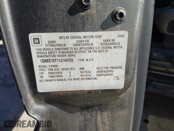 ✅ 2001 Chevrolet Suburban LT • VIN: 1GNEC16T11J144793 • Lot: 43750938. Listed on IAAI with 212,909 mi. Free auction sales archive from the USA and detailed vehicle history report at DreamBid. Image 9.