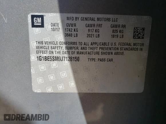 2018 Chevrolet Cruze LT z VIN 1G1BE5SM9J7128150, wystawiony jako Copart lot #44773332 z przebiegiem 78 133 mil mil oraz . Historia ofert i sprzedaży dostępna na DreamBid. Obrazek 10.