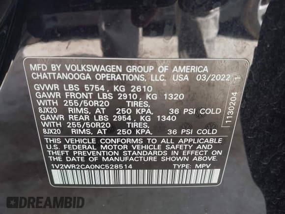 ✅ 2022 Volkswagen Atlas SE • VIN: 1V2WR2CA0NC528514 • Lot: 42403584. Listed on IAAI with 60,778 mi. Free auction sales archive from the USA and detailed vehicle history report at DreamBid. Image 9.