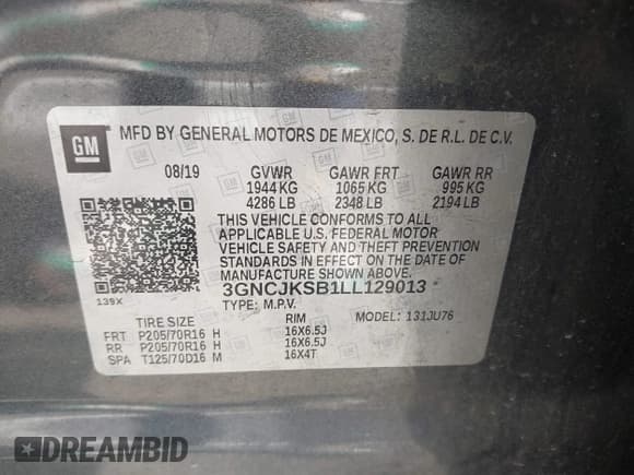 ✅ 2020 Chevrolet Trax LS • VIN: 3GNCJKSB1LL129013 • Lot: 42991541. Wystawiony na IAAI z przebiegiem 132 411 mil. Bezpłatny archiwum sprzedaży aukcyjnych z USA i szczegółowy raport historii pojazdu na DreamBid. Zdjęcie 9.