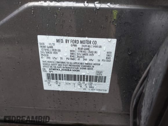 ✅ 2022 Ford Edge SEL • VIN: 2FMPK4J93NBA16496 • Lot: 42419507. Listed on IAAI with 58,147 mi. Free auction sales archive from the USA and detailed vehicle history report at DreamBid. Image 9.