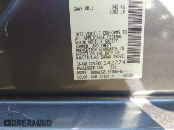 ✅ 2019 Nissan Altima SR • VIN: 1N4BL4CV2KC142274 • Лот: 42845249. Опубликован ранее на IAAI с пробегом 108 415 миль. Бесплатный доступ к архиву аукционных продаж из США и подробный отчёт об истории автомобиля на DreamBid. Изображение 9.