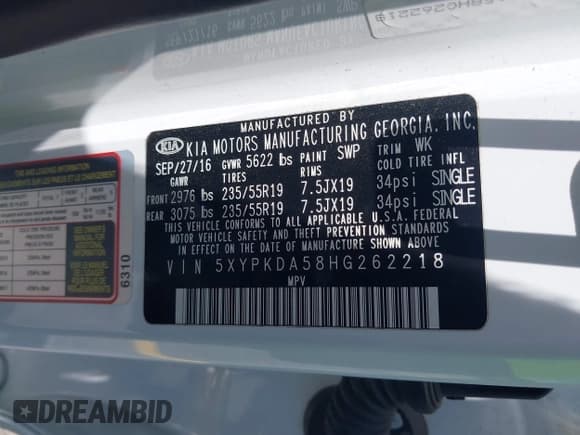 ✅ 2017 Kia Sorento SX • VIN: 5XYPKDA58HG262218 • Lot: 42538131. Listed on IAAI with 115,459 mi. Free auction sales archive from the USA and detailed vehicle history report at DreamBid. Image 9.