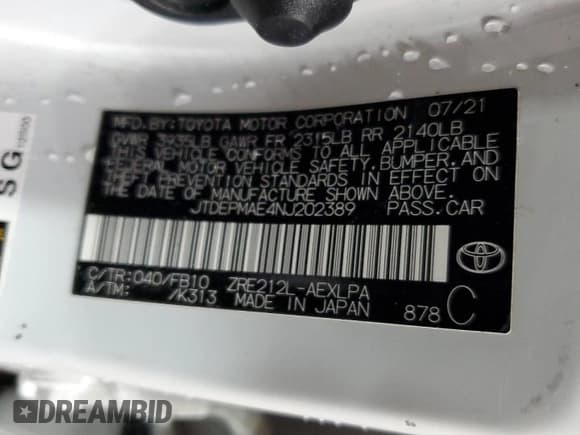 ✅ 2022 Toyota Corolla LE • VIN: JTDEPMAE4NJ202389 • Lot: 86551245. Listed on Copart with 56,230 mi. Free auction sales archive from the USA and detailed vehicle history report at DreamBid. Image 12.