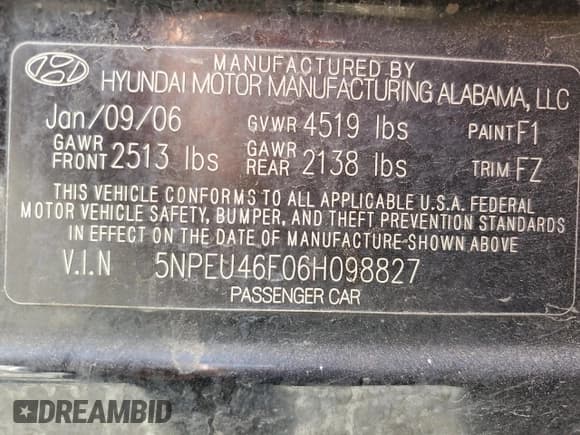 ✅ 2006 Hyundai Sonata GLS • VIN: 5NPEU46F06H098827 • Lot: 81695195. Listed on Copart with 172,607 mi. Free auction sales archive from the USA and detailed vehicle history report at DreamBid. Image 12.