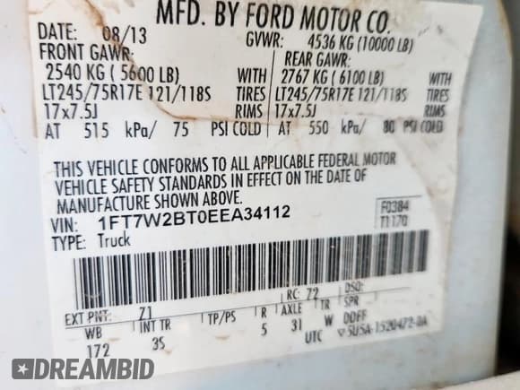 ✅ 2014 Ford F-250 Lariat • VIN: 1FT7W2BT0EEA34112 • Лот: 84791185. Опубликован ранее на Copart с пробегом 174 437 миль. Бесплатный доступ к архиву аукционных продаж из США и подробный отчёт об истории автомобиля на DreamBid. Изображение 12.