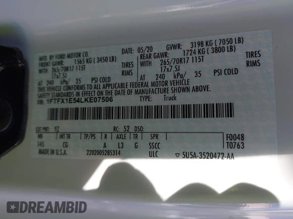 ✅ 2020 Ford F-150 XLT • VIN: 1FTFX1E54LKE07506 • Lot: 43578390. Listed on IAAI with 56,085 mi. Free auction sales archive from the USA and detailed vehicle history report at DreamBid. Image 9.