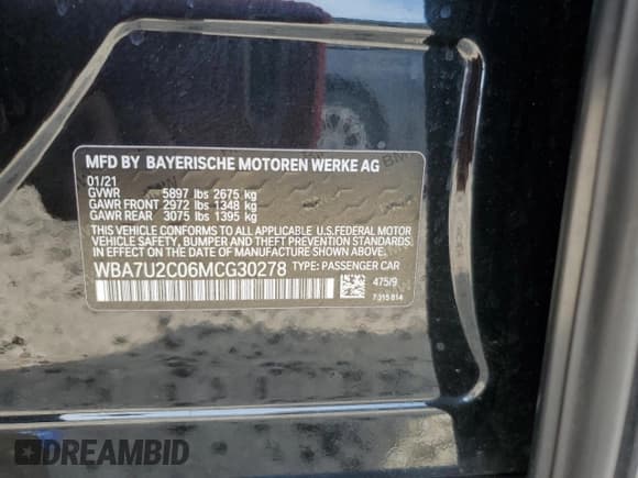 ✅ 2021 BMW 7 Series 750i xDrive • VIN: WBA7U2C06MCG30278 • Lot: 68308505. Listed on Copart with 87,420 mi. Free auction sales archive from the USA and detailed vehicle history report at DreamBid. Image 12.