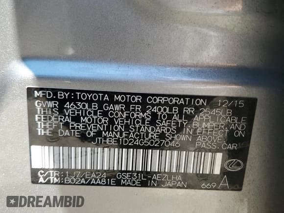 ✅ 2016 Lexus IS 350 • VIN: JTHBE1D24G5027046 • Lot: 60309685. Listed on Copart with 66,881 mi. Free auction sales archive from the USA and detailed vehicle history report at DreamBid. Image 13.