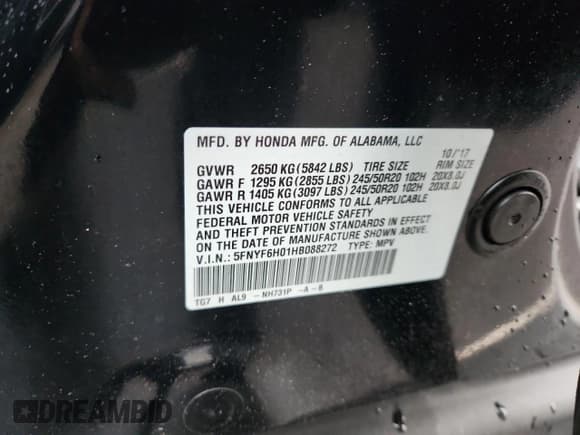 ✅ 2017 Honda Pilot Elite • VIN: 5FNYF6H01HB088272 • Lot: 92762485. Listed on Copart with 100,180 mi. Free auction sales archive from the USA and detailed vehicle history report at DreamBid. Image 13.