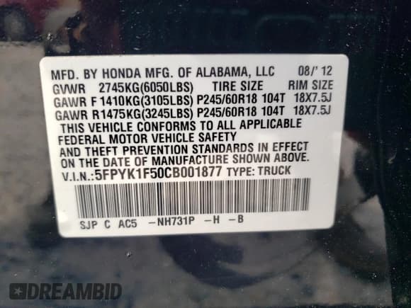 ✅ 2012 Honda Ridgeline RTL • VIN: 5FPYK1F50CB001877 • Lot: 64188965. Wystawiony na Copart z przebiegiem 222 840 mil. Bezpłatny archiwum sprzedaży aukcyjnych z USA i szczegółowy raport historii pojazdu na DreamBid. Zdjęcie 12.