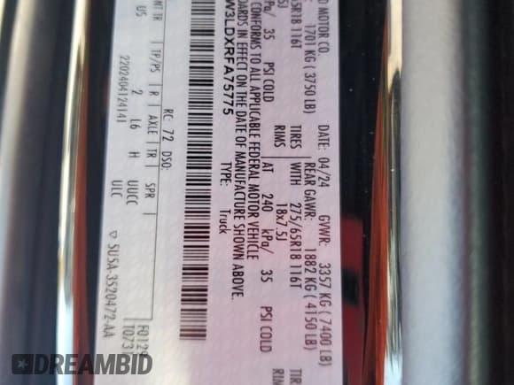 ✅ 2024 Ford F-150 XLT • VIN: 1FTFW3LDXRFA75775 • Лот: 92502535. Опубликован ранее на Copart с пробегом 41 428 миль. Бесплатный доступ к архиву аукционных продаж из США и подробный отчёт об истории автомобиля на DreamBid. Изображение 12.