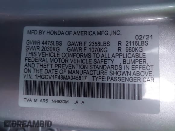 ✅ 2021 Honda Accord Sport SE • VIN: 1HGCV1F48MA045817 • Лот: 43672819. Опубликован ранее на IAAI с пробегом 39 435 миль. Бесплатный доступ к архиву аукционных продаж из США и подробный отчёт об истории автомобиля на DreamBid. Изображение 9.