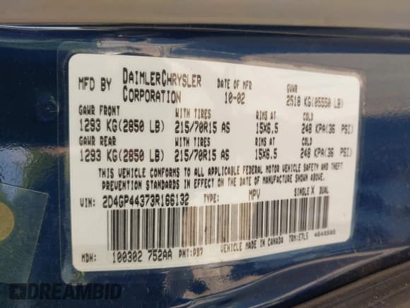 ✅ 2003 Dodge Caravan Sport • VIN: 2D4GP44373R166132 • Lot: 43082097. Listed on IAAI with 170,452 mi. Free auction sales archive from the USA and detailed vehicle history report at DreamBid. Image 9.