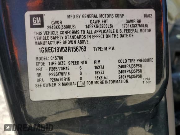 ✅ 2003 Chevrolet Tahoe LS • VIN: 1GNEC13V53R156763 • Lot: 50019155. Listed on Copart with Not provided. Free auction sales archive from the USA and detailed vehicle history report at DreamBid. Image 15.