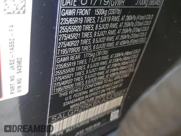 ✅ 2019 Land Rover Range Rover • VIN: SALGR2RK6KA543962 • Lot: 75218134. Listed on Copart with 64,037 mi. Free auction sales archive from the USA and detailed vehicle history report at DreamBid. Image 14.