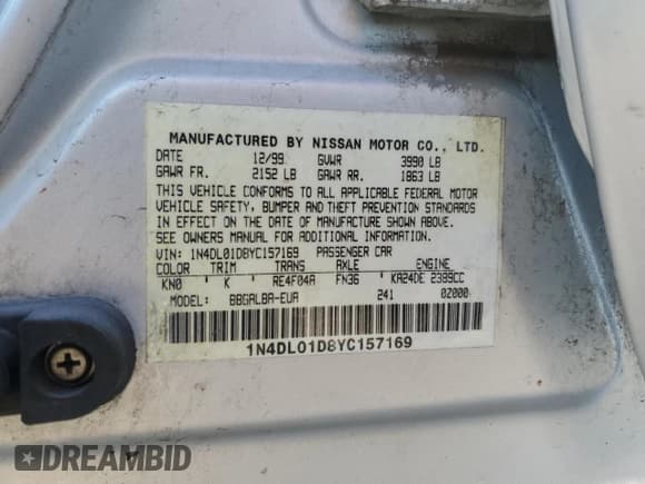 ✅ 2000 Nissan Altima XE • VIN: 1N4DL01D8YC157169 • Лот: 68153394. Опубликован ранее на Copart с пробегом 241 902 миль. Бесплатный доступ к архиву аукционных продаж из США и подробный отчёт об истории автомобиля на DreamBid. Изображение 14.