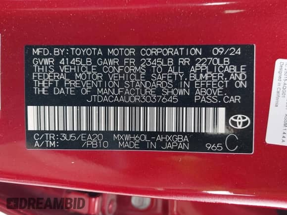 2024 Toyota Prius LE with VIN JTDACAAU0R3037645, listed as a IAAI auction lot 43323280 with 19,611 mi miles and . Bid and sale history available at DreamBid. Image 9.