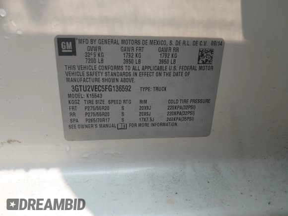 ✅ 2015 GMC Sierra 1500 SLT • VIN: 3GTU2VEC5FG136592 • Lot: 42375904. Listed on IAAI with 183,413 mi. Free auction sales archive from the USA and detailed vehicle history report at DreamBid. Image 9.