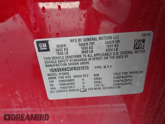 ✅ 2015 Chevrolet Suburban LTZ • VIN: 1GNSKKKC3FR287870 • Lot: 43361365. Listed on IAAI with 190,310 mi. Free auction sales archive from the USA and detailed vehicle history report at DreamBid. Image 9.