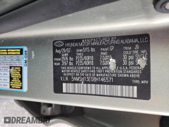 2008 Hyundai Santa Fe SE с VIN 5NMSH13E08H146571, выставлен на аукционе Copart как лот 72771994 с пробегом 198 330 миль миль и Списание • Salvage title. История ставок и продаж доступна на DreamBid. Изображение 13.