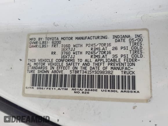 ✅ 2000 Toyota Tundra SR5 • VIN: 5TBRT3415YS098382 • Lot: 43227479. Wystawiony na IAAI z przebiegiem 305 915 mil. Bezpłatny archiwum sprzedaży aukcyjnych z USA i szczegółowy raport historii pojazdu na DreamBid. Zdjęcie 9.