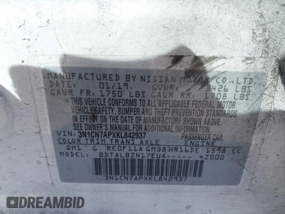 ✅ 2019 Nissan Versa S Plus • VIN: 3N1CN7APXKL842937 • Lot: 43137743. Listed on IAAI with Not provided. Free auction sales archive from the USA and detailed vehicle history report at DreamBid. Image 9.