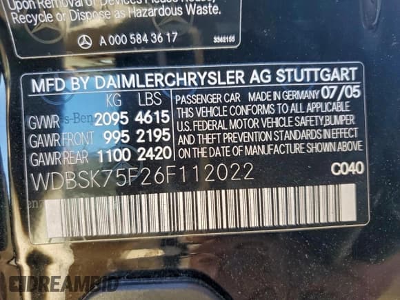 ✅ 2006 Mercedes-Benz SL 500 • VIN: WDBSK75F26F112022 • Lot: 95569585. Listed on Copart with 116,767 mi. Free auction sales archive from the USA and detailed vehicle history report at DreamBid. Image 12.