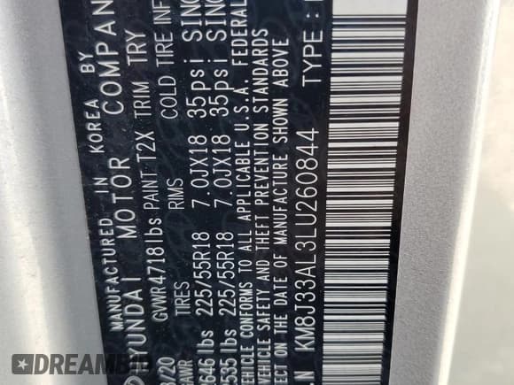 ✅ 2020 Hyundai Tucson Ultimate • VIN: KM8J33AL3LU260844 • Lot: 69035245. Listed on Copart with 47,552 mi. Free auction sales archive from the USA and detailed vehicle history report at DreamBid. Image 13.