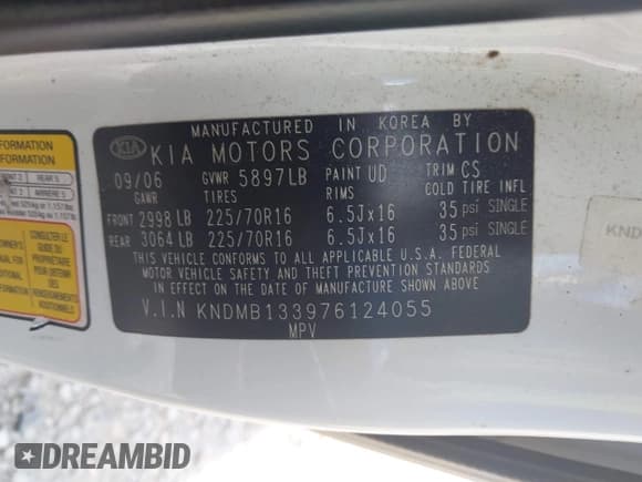 ✅ 2007 Kia Sedona • VIN: KNDMB133976124055 • Lot: 42657085. Wystawiony na IAAI z przebiegiem 193 835 mil. Bezpłatny archiwum sprzedaży aukcyjnych z USA i szczegółowy raport historii pojazdu na DreamBid. Zdjęcie 9.