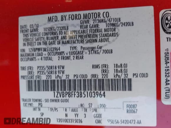 ✅ 2011 Ford Mustang GT Premium • VIN: 1ZVBP8FF3B5103964 • Lot: 43247908. Listed on IAAI with 186,161 mi. Free auction sales archive from the USA and detailed vehicle history report at DreamBid. Image 9.