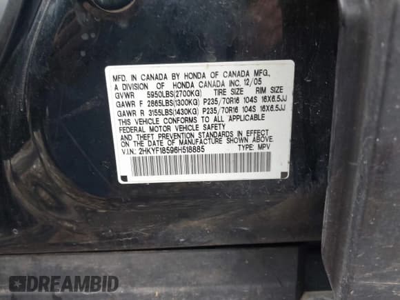 ✅ 2006 Honda Pilot EX-L • VIN: 2HKYF18596H518885 • Lot: 43675766. Listed on IAAI with 333,044 mi. Free auction sales archive from the USA and detailed vehicle history report at DreamBid. Image 9.