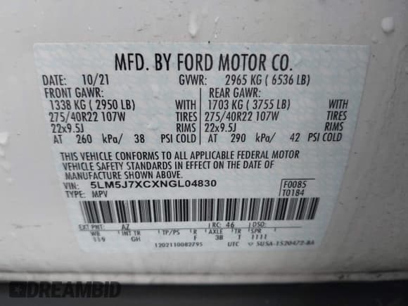 ✅ 2022 Lincoln Aviator Reserve • VIN: 5LM5J7XCXNGL04830 • Lot: 43568092. Listed on IAAI with 64,535 mi. Free auction sales archive from the USA and detailed vehicle history report at DreamBid. Image 9.