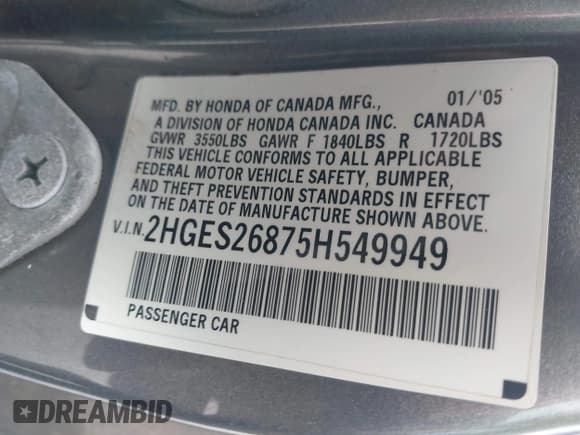 ✅ 2005 Honda Civic EX SSRS • VIN: 2HGES26875H549949 • Лот: 42127207. Опубликован ранее на IAAI с пробегом 276 638 миль. Бесплатный доступ к архиву аукционных продаж из США и подробный отчёт об истории автомобиля на DreamBid. Изображение 9.